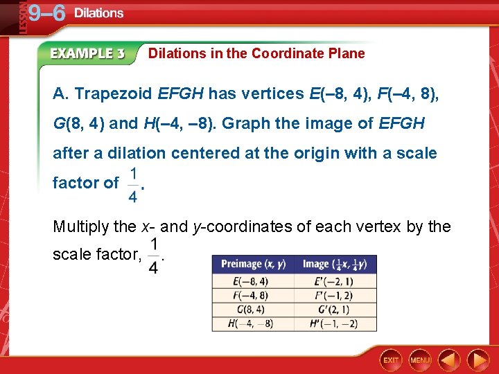 Dilations in the Coordinate Plane A. Trapezoid EFGH has vertices E(– 8, 4), F(–