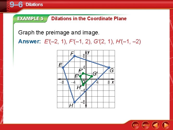 Dilations in the Coordinate Plane Graph the preimage and image. Answer: E'(– 2, 1),