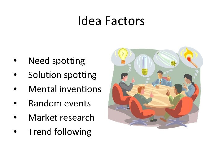 Idea Factors • • • Need spotting Solution spotting Mental inventions Random events Market