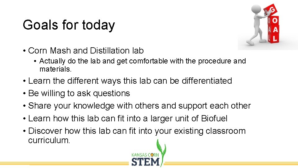Goals for today Budget • Corn Mash and Distillation lab • Actually do the