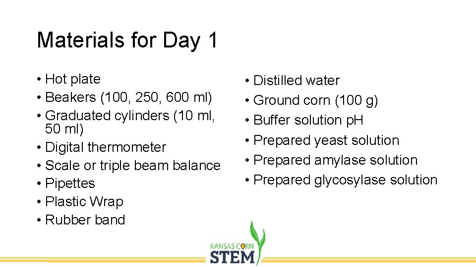 Materials for Day 1 • Hot plate • Beakers (100, 250, 600 ml) •