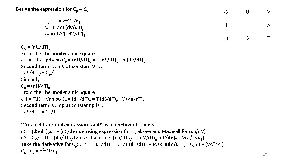 Derive the expression for Cp – CV Cp - Cv = a 2 VT/k.