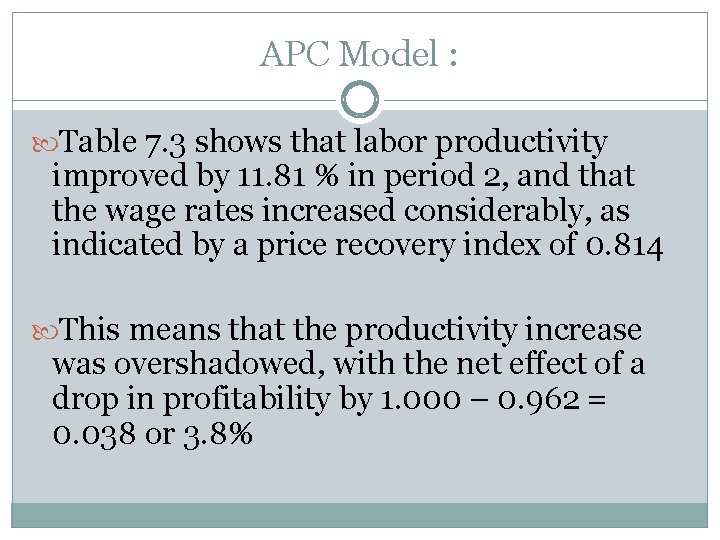 APC Model : Table 7. 3 shows that labor productivity improved by 11. 81