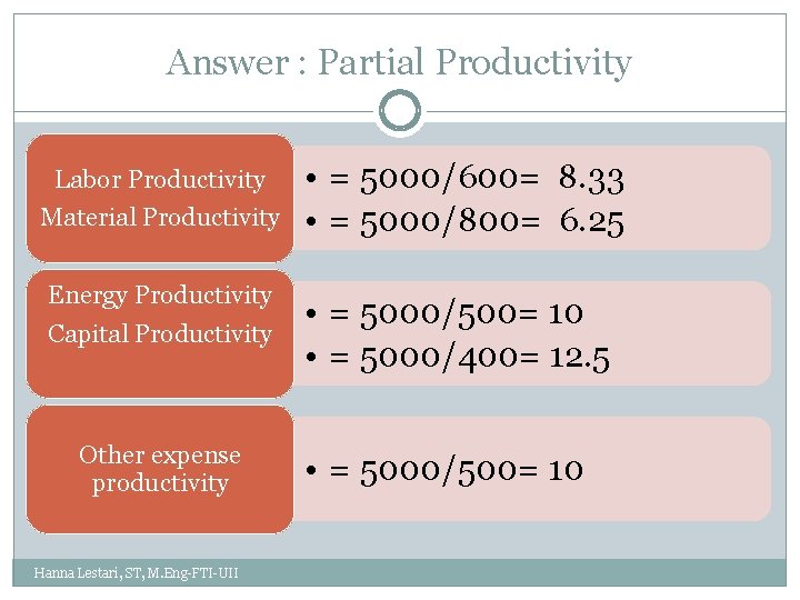 Answer : Partial Productivity Labor Productivity Material Productivity • = 5000/600= 8. 33 •