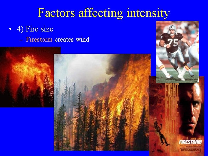 Factors affecting intensity • 4) Fire size – Firestorm creates wind 