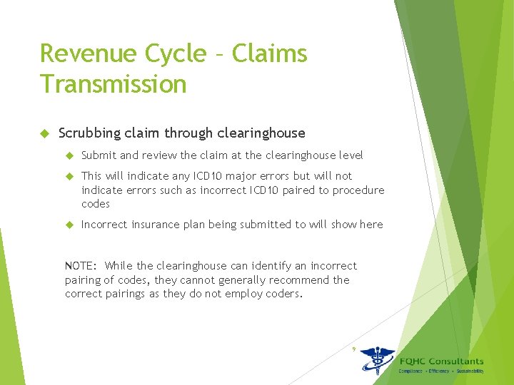 Revenue Cycle – Claims Transmission Scrubbing claim through clearinghouse Submit and review the claim