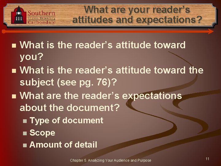 What are your reader’s attitudes and expectations? n n n What is the reader’s