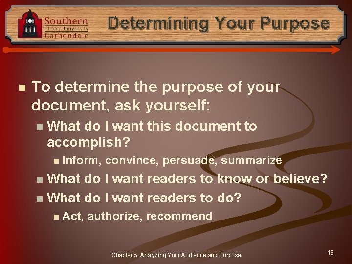 Determining Your Purpose n To determine the purpose of your document, ask yourself: n