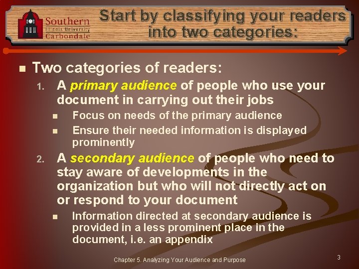 Start by classifying your readers into two categories: n Two categories of readers: 1.