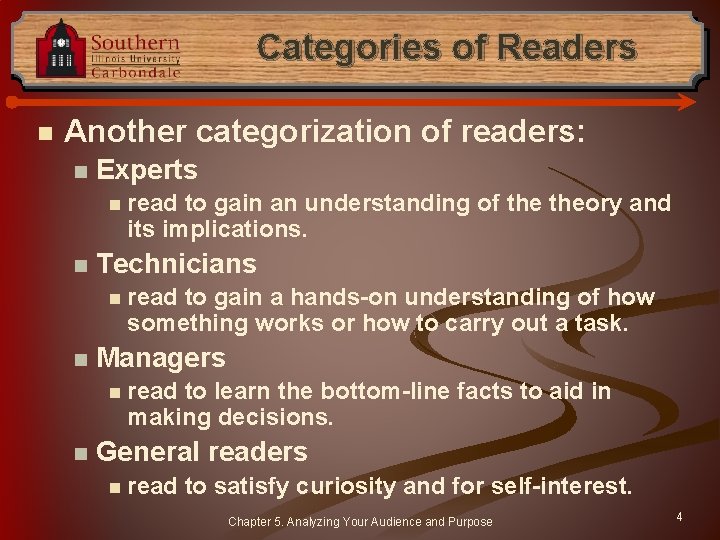 Categories of Readers n Another categorization of readers: n Experts n read to gain