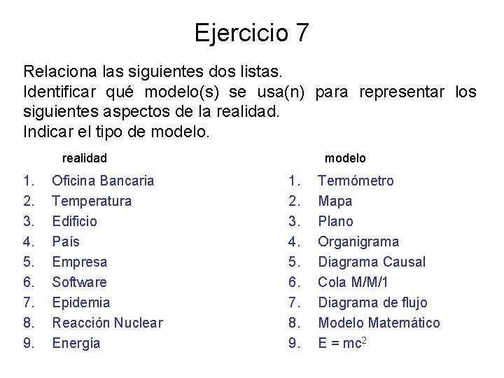 Ejercicio 7 Relaciona las siguientes dos listas. Identificar qué modelo(s) se usa(n) para representar