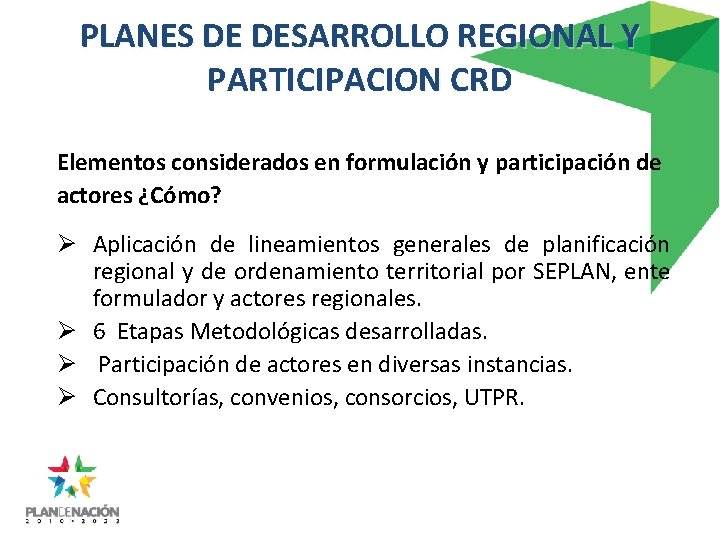 PLANES DE DESARROLLO REGIONAL Y PARTICIPACION CRD Elementos considerados en formulación y participación de