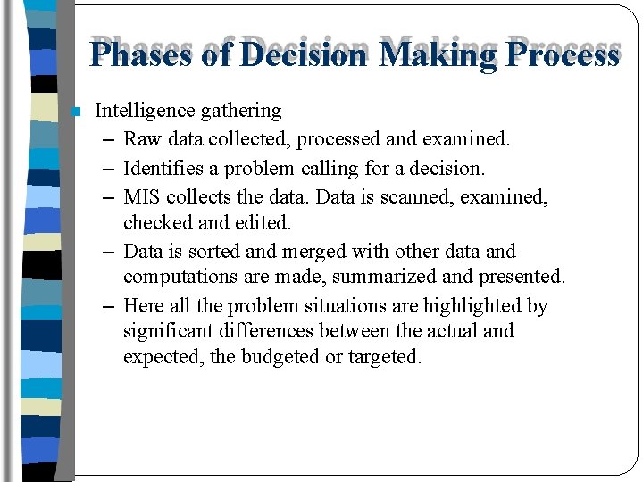 Phases of Decision Making Process Intelligence gathering – Raw data collected, processed and examined.