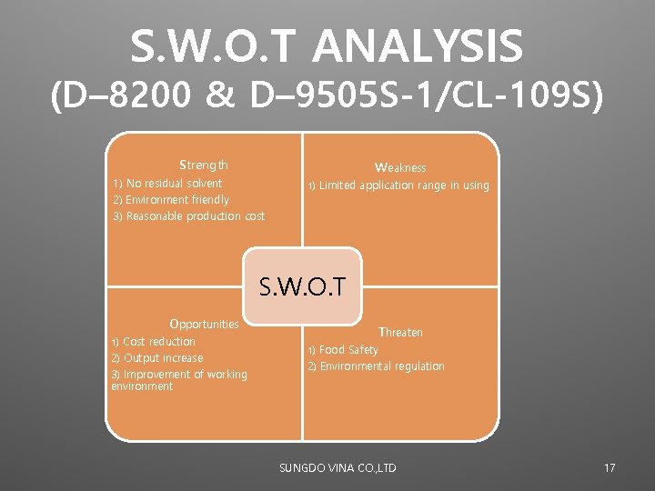 S. W. O. T ANALYSIS (D– 8200 & D– 9505 S-1/CL-109 S) Strength Weakness