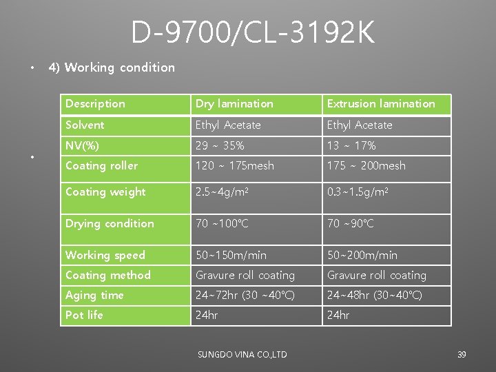 D-9700/CL-3192 K • • 4) Working condition Description Dry lamination Extrusion lamination Solvent Ethyl