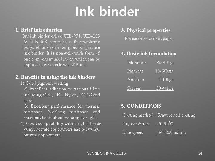 Ink binder 1. Brief introduction 3. Physical properties Our ink binder called UIB-931, UIB-203
