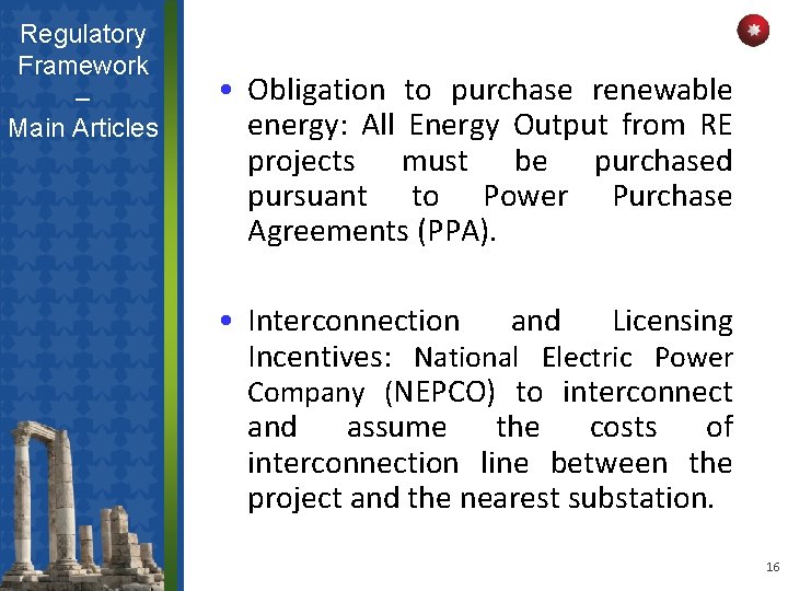 Regulatory Framework – Main Articles • Obligation to purchase renewable energy: All Energy Output