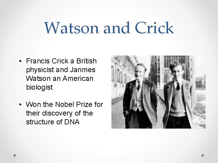 Watson and Crick • Francis Crick a British physicist and Janmes Watson an American