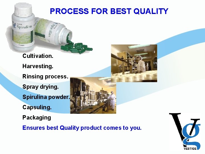 PROCESS FOR BEST QUALITY Cultivation. Harvesting. Rinsing process. Spray drying. Spirulina powder. Capsuling. Packaging