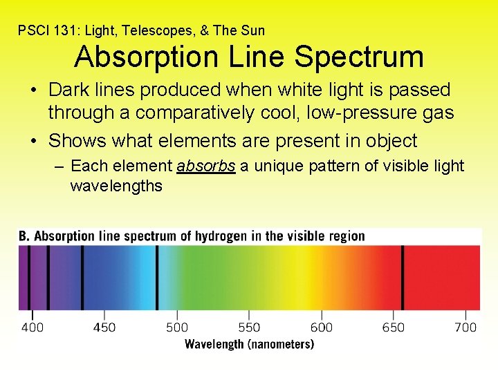 PSCI 131: Light, Telescopes, & The Sun Absorption Line Spectrum • Dark lines produced