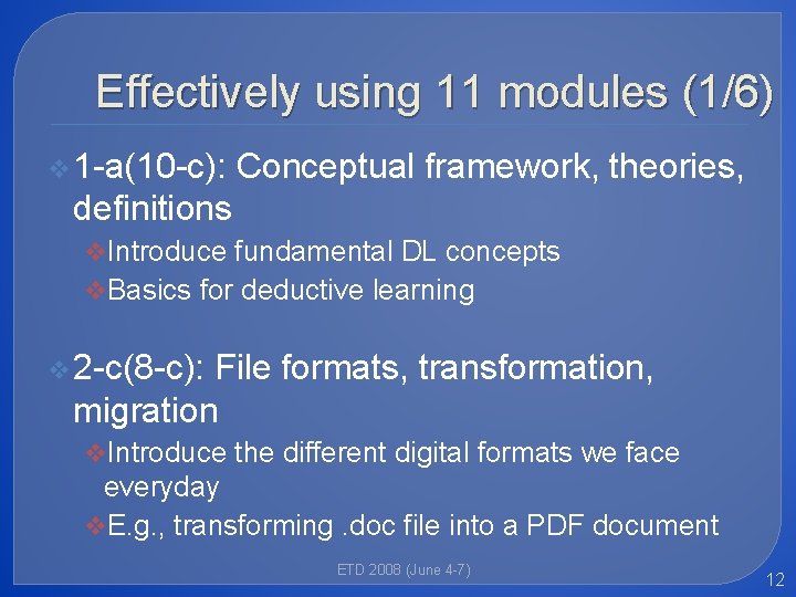 Effectively using 11 modules (1/6) v 1 -a(10 -c): Conceptual framework, theories, definitions v.