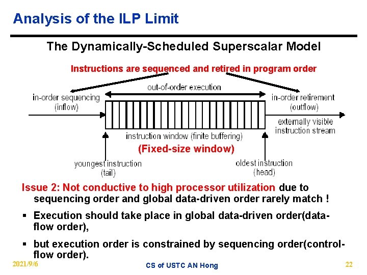 Analysis of the ILP Limit The Dynamically-Scheduled Superscalar Model Instructions are sequenced and retired