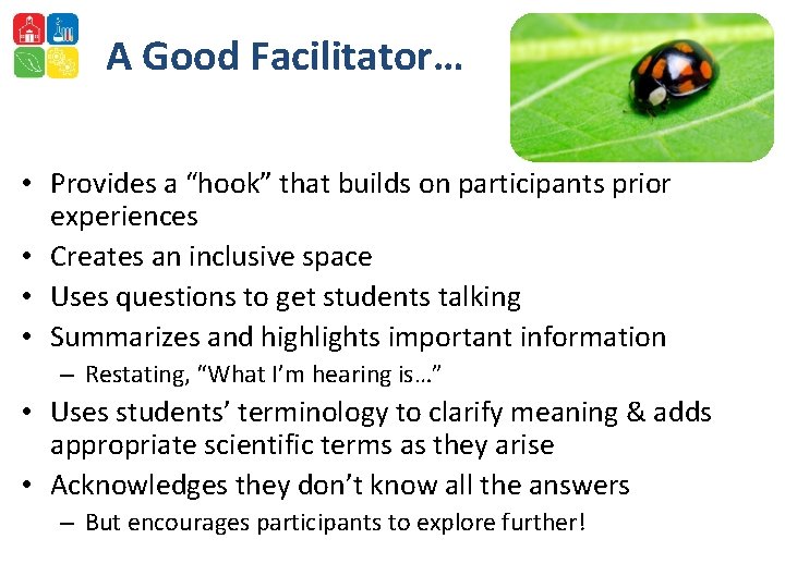 A Good Facilitator… • Provides a “hook” that builds on participants prior experiences •