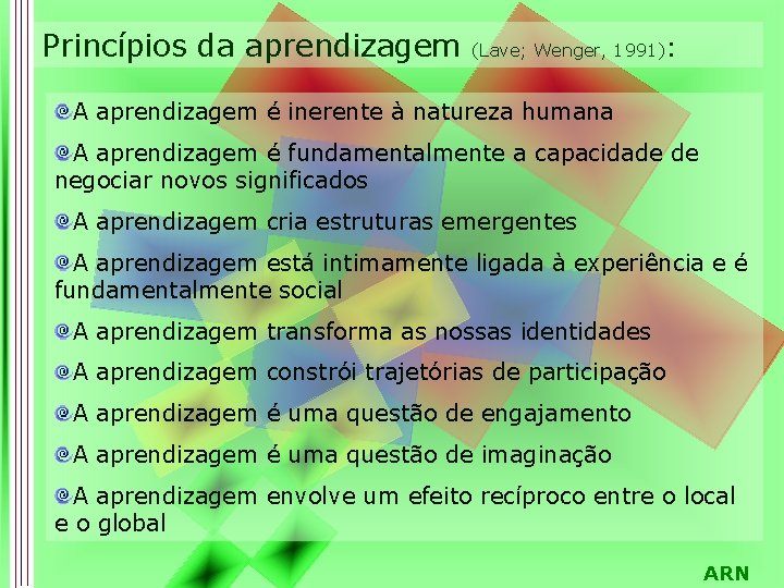 Princípios da aprendizagem (Lave; Wenger, 1991): A aprendizagem é inerente à natureza humana A