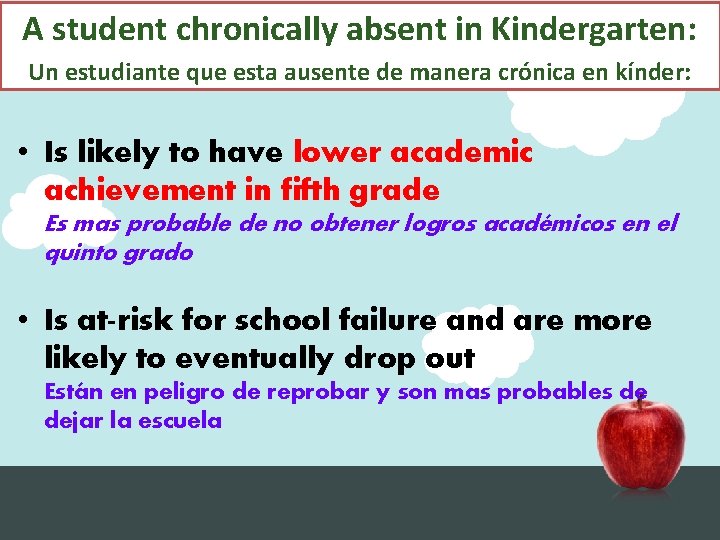 A student chronically absent in Kindergarten: Un estudiante que esta ausente de manera crónica