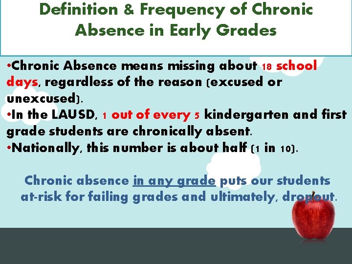 Definition & Frequency of Chronic Absence in Early Grades • Chronic Absence means missing