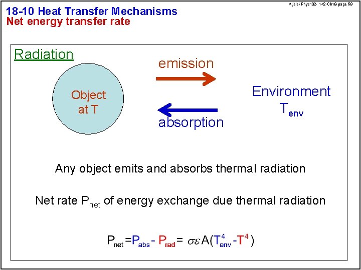 18 -10 Heat Transfer Mechanisms Net energy transfer rate Radiation Object at T Aljalal-Phys