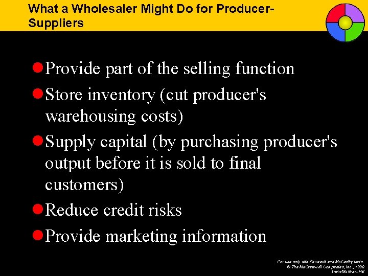 What a Wholesaler Might Do for Producer. Suppliers l. Provide part of the selling