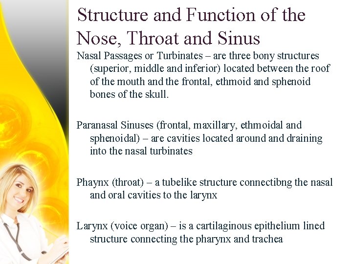 Structure and Function of the Nose, Throat and Sinus Nasal Passages or Turbinates –