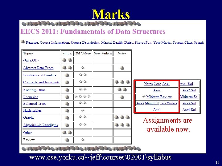 Marks Assignments are available now. www. cse. yorku. ca~jeffcourses�2001syllabus 11 