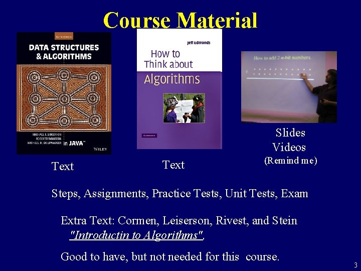 Course Material Slides Videos Text (Remind me) Steps, Assignments, Practice Tests, Unit Tests, Exam