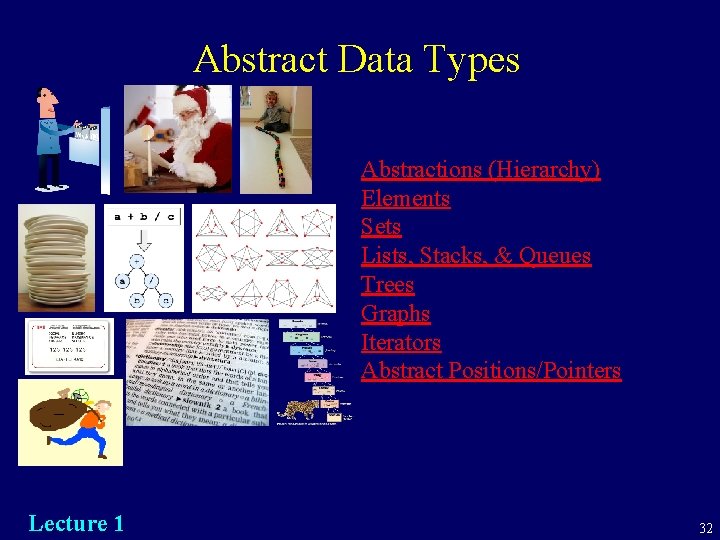 Abstract Data Types Abstractions (Hierarchy) Elements Sets Lists, Stacks, & Queues Trees Graphs Iterators