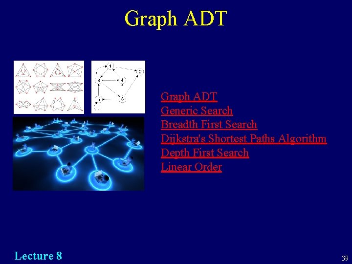 Graph ADT Generic Search Breadth First Search Dijkstra's Shortest Paths Algorithm Depth First Search