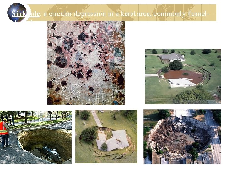 Sinkhole: a circular depression in a karst area, commonly funnelshaped. 