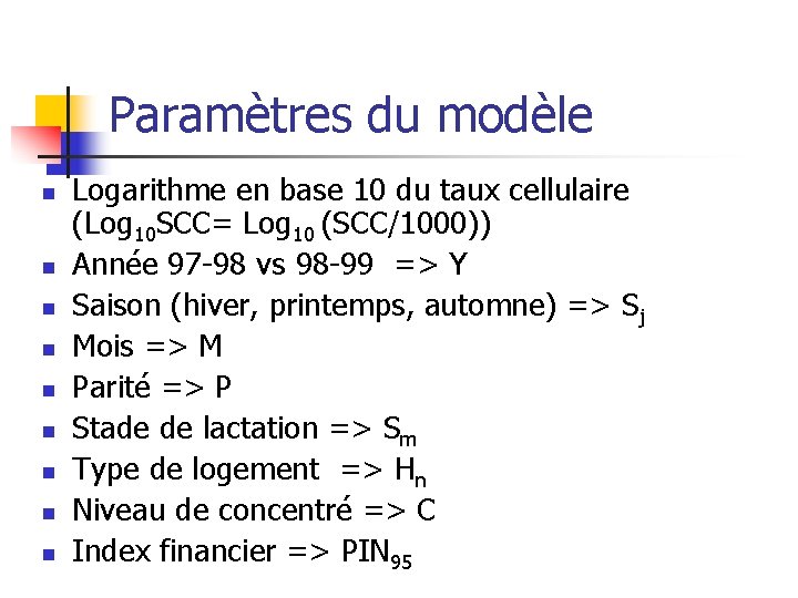 Paramètres du modèle n n n n n Logarithme en base 10 du taux