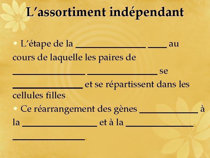 L’assortiment indépendant • L’étape de la cours de laquelle les paires de au se