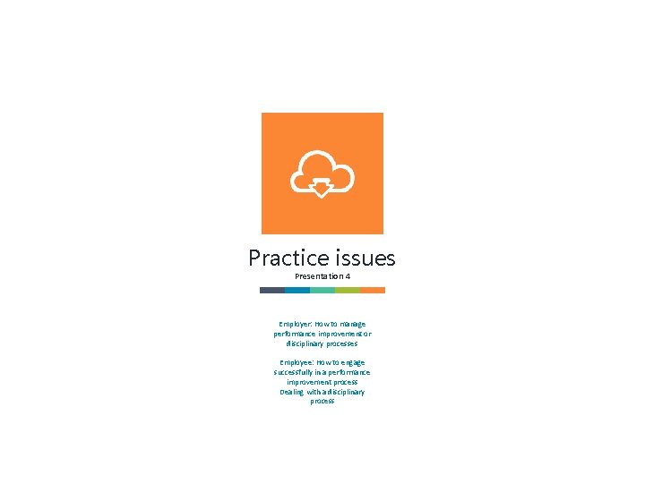 Practice issues Presentation 4 Employer: How to manage performance improvement or disciplinary processes Employee: