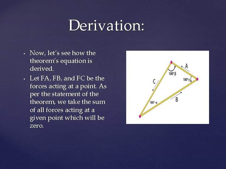 Derivation: • • Now, let’s see how theorem’s equation is derived. Let FA, FB,