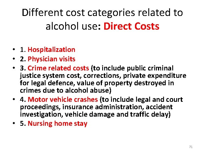 Different cost categories related to alcohol use: Direct Costs • 1. Hospitalization • 2.