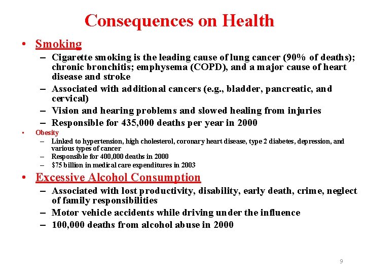 Consequences on Health • Smoking – Cigarette smoking is the leading cause of lung