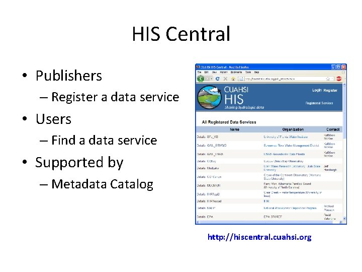 HIS Central • Publishers – Register a data service • Users – Find a