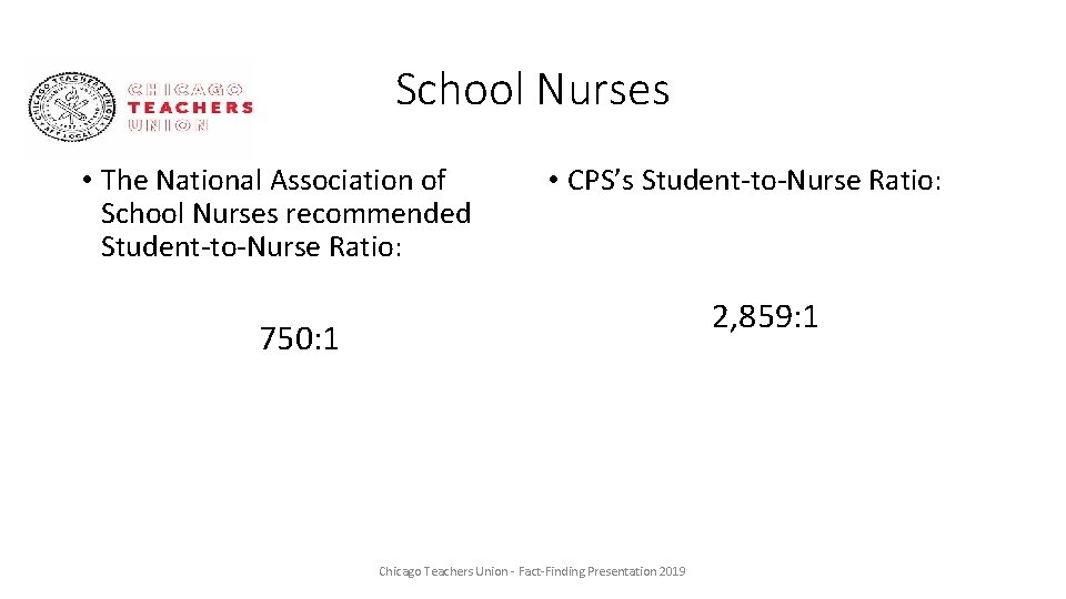 School Nurses • The National Association of School Nurses recommended Student-to-Nurse Ratio: • CPS’s