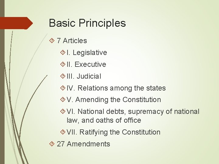 Basic Principles 7 Articles I. Legislative II. Executive III. Judicial IV. Relations among the