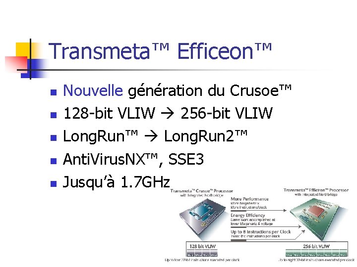 Transmeta™ Efficeon™ n n n Nouvelle génération du Crusoe™ 128 -bit VLIW 256 -bit