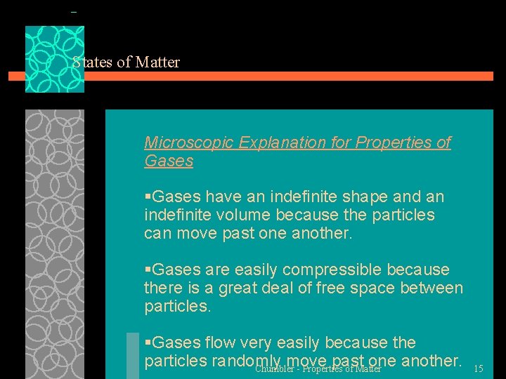 States of Matter Microscopic Explanation for Properties of Gases §Gases have an indefinite shape
