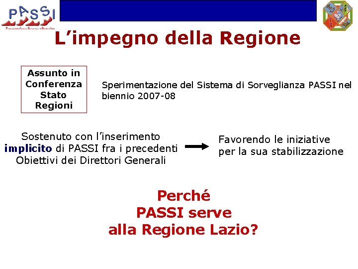 L’impegno della Regione Assunto in Conferenza Stato Regioni Sperimentazione del Sistema di Sorveglianza PASSI